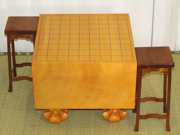 日本産本榧柾目六寸将棋盤/島桑駒台２点 使用品（S145） トウシン盤駒 